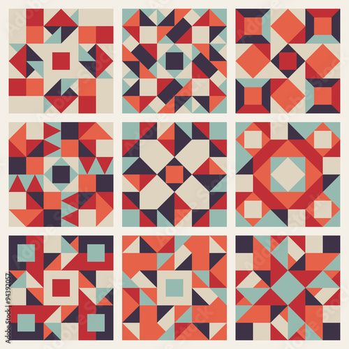 Vector Seamless Blue Red Orange Geometric Ethnic Square Quilt Pattern Collection photo