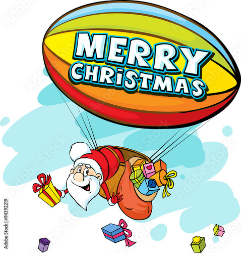 Santa Claus in airship full of gifts - funny vector illustration