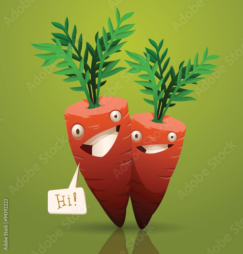 Vector happy cartoon carrots. Vector cartoon cheerful happy orange carrots on a green background with speech bubble. Handwritten text in curves.