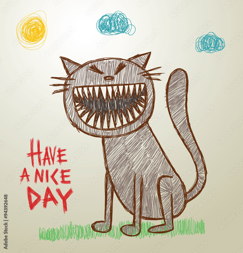 Vector funny image of children's drawings cat with sharp teeth on a light  background, as if painted with colored pencils. The text is written in the  curves. Stock Vector | Adobe Stock