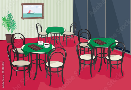 Interior traditional cafe in france. Reservation. Lounge bar. Vector simple cartoon illustration.