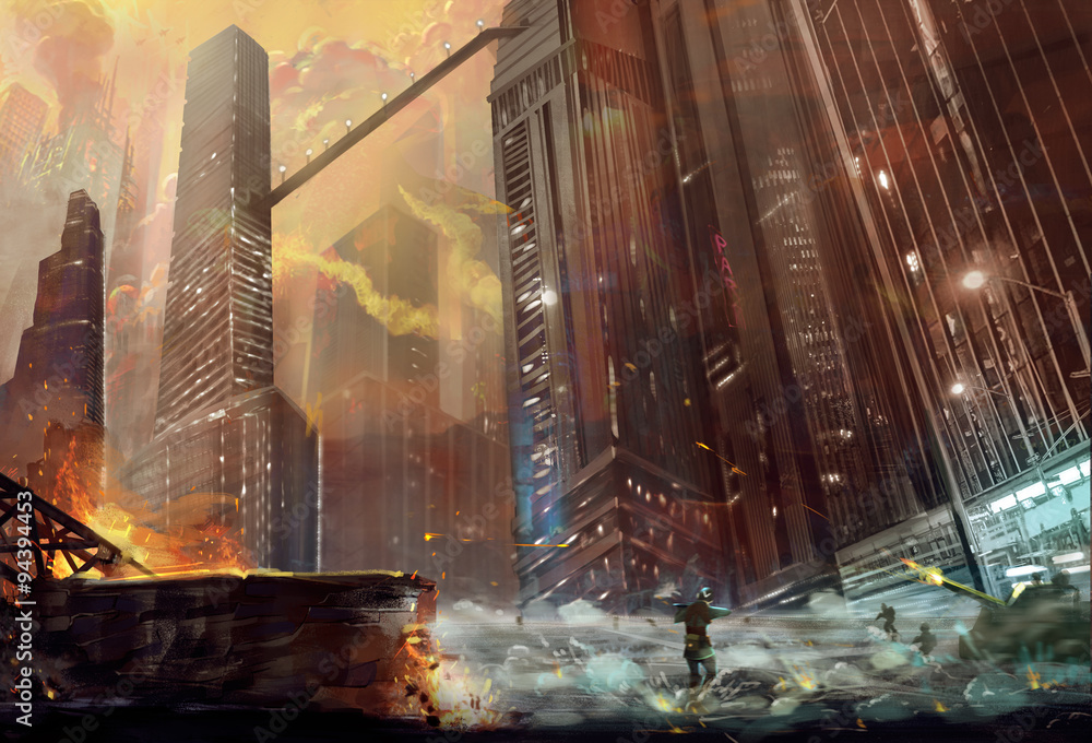 Obraz Illustration: The Battle in the City. Realistic Style. Scene / Wallpaper Design.