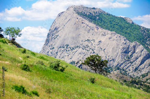 Green lawn against the high rock and the blue sky with clouds