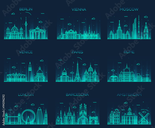 Europe skylines Paris London Barcelona line art