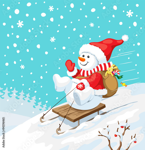 Christmas illustration. Snowman on sled with christmas gifts.