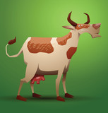 Vector funny cow ginger and white spotted. Cartoon image of a ginger and white spotted color cow on a green background.