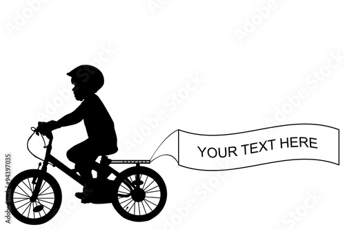Kid riding a bike and holding a banner with place for sample tex