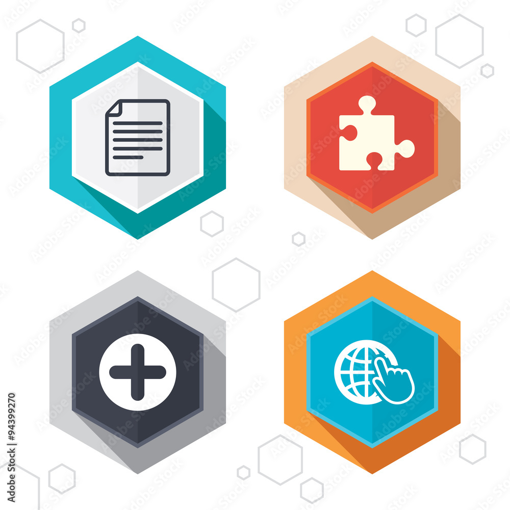 Plus circle and puzzle signs. File, globe. Plus circle and puzzle signs. File, globe.