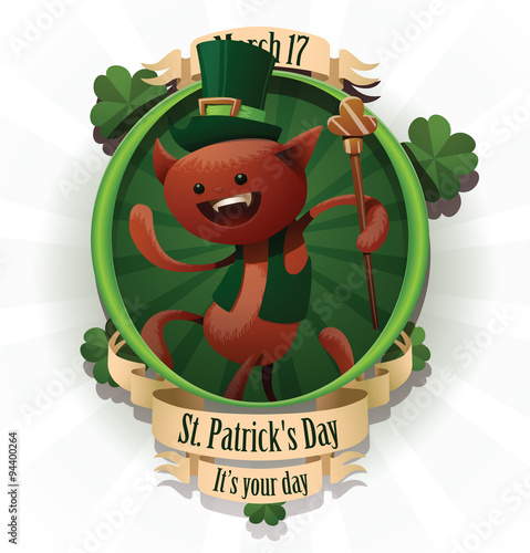 Vector label with the cartoon image of a red cat looking like St. Patrick, dressed in a green jacket and a hat with a cane in his paw on a green round background. In the theme of St. Patrick's Day.