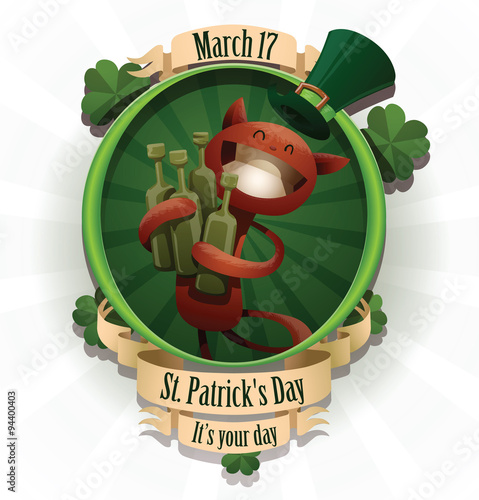 Vector label with the cartoon image of a red cat looking like St. Patrick, dressed in a green hat with a few bottles of beer in his paws on a green round background. In the theme of St. Patrick's Day.