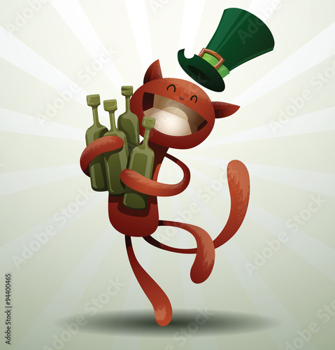 Vector cartoon image of a red cat looking like St. Patrick, dressed in a green hat with a few bottles of beer in his paws on a light background. In the theme of St. Patrick's Day.