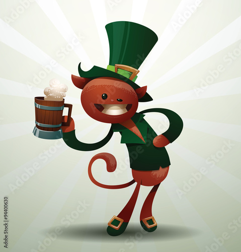 Vector cartoon image of a red cat looking like St. Patrick, dressed in a green jacket and a hat with a mug of beer in his paw on a light background. In the theme of St. Patrick's Day.