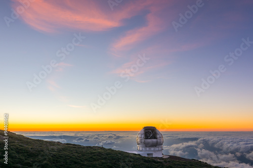 Astronomical observatory at top of the Taburiente at sunset, La Palma, Canary Islands, Spain photo