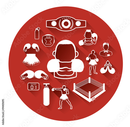 Modern flat boxing icons set with long shadow effect
