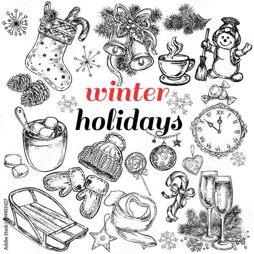 hand drawn set winter holidays collection