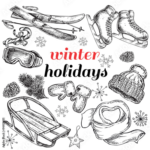 hand drawn sketch illustration winter holidays