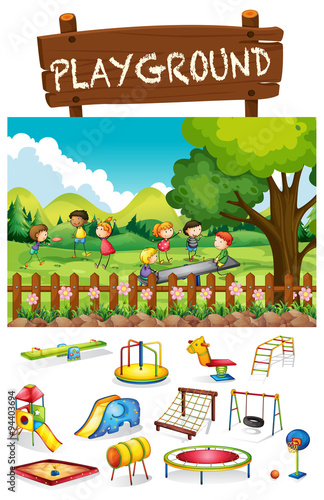 Playground scene with children and toys