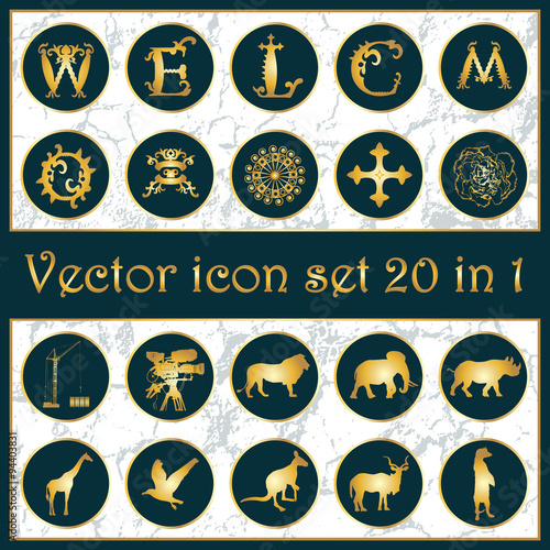 Set of vintage gold vector icon logo 20 in 1 with letters "W, E, L, C, O, M", animals silhouettes, ornaments, cross, crane, camera, mask and flower on dark blue background. Vector illustration