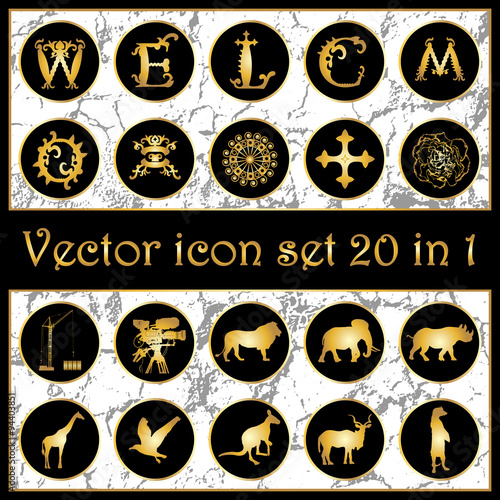 Set of vintage gold vector icon logo 20 in 1 with letters "W, E, L, C, O, M", animals silhouettes, ornaments, cross, crane, camera, mask and flower on black background. Vector illustration
