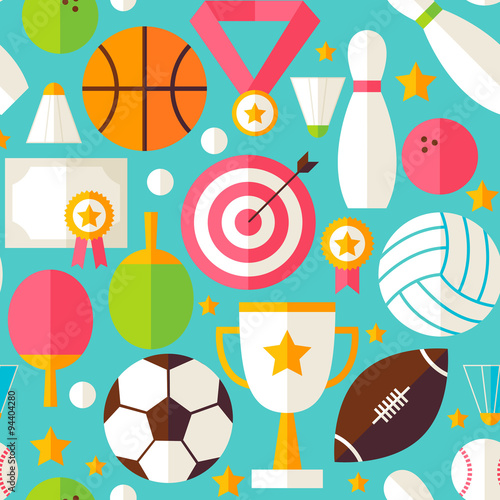 Sport Competition Vector Flat Design Blue Seamless Pattern