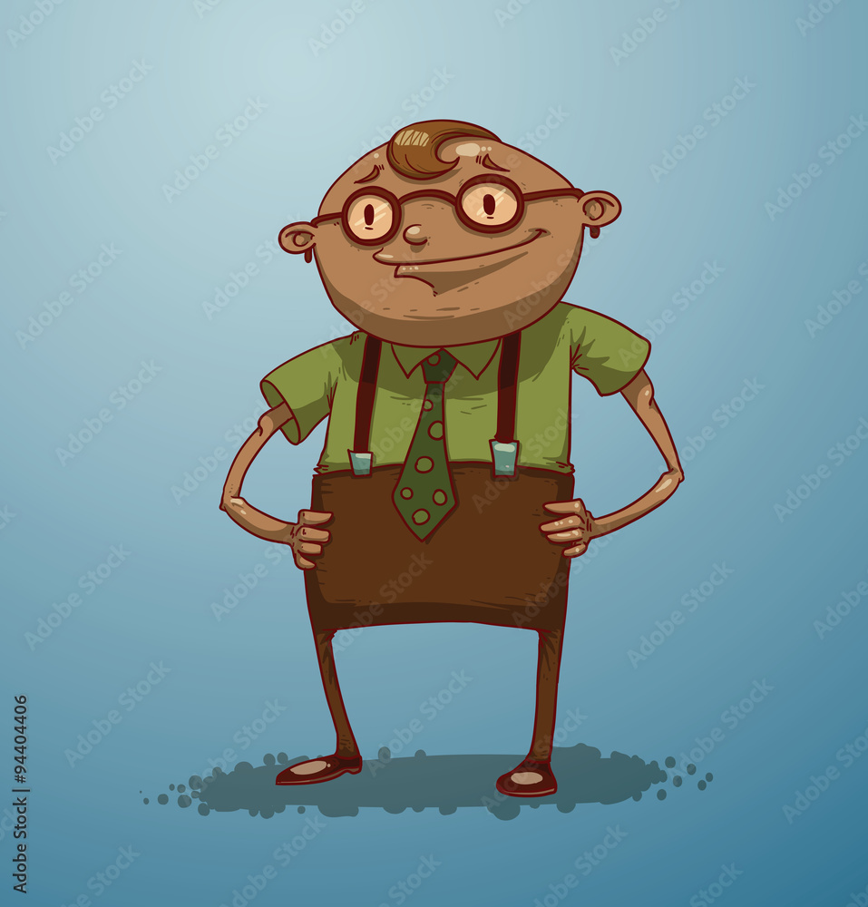 Vector cartoon image of a funny fat boy with blond hair in brown pants, green  shirt