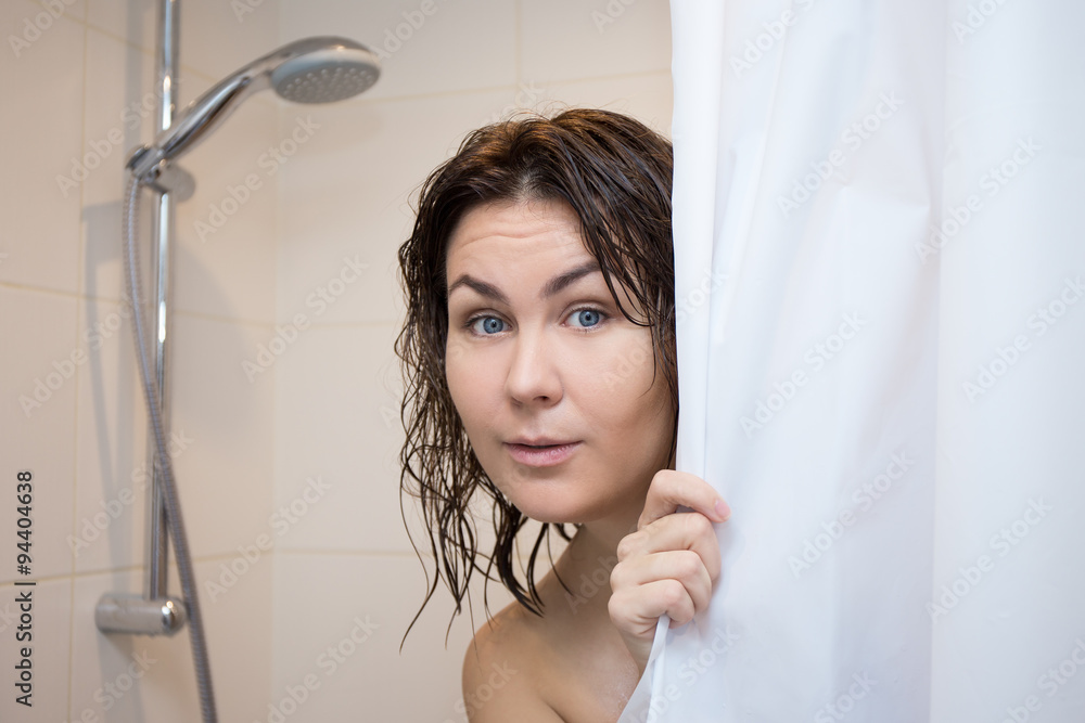 Cute Scared Woman Hiding Behind Shower, Woman Shower Curtain Photography