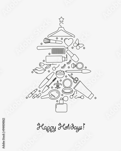 Beauty salon Holiday congratulation card. Christmas tree of Woman cosmetics