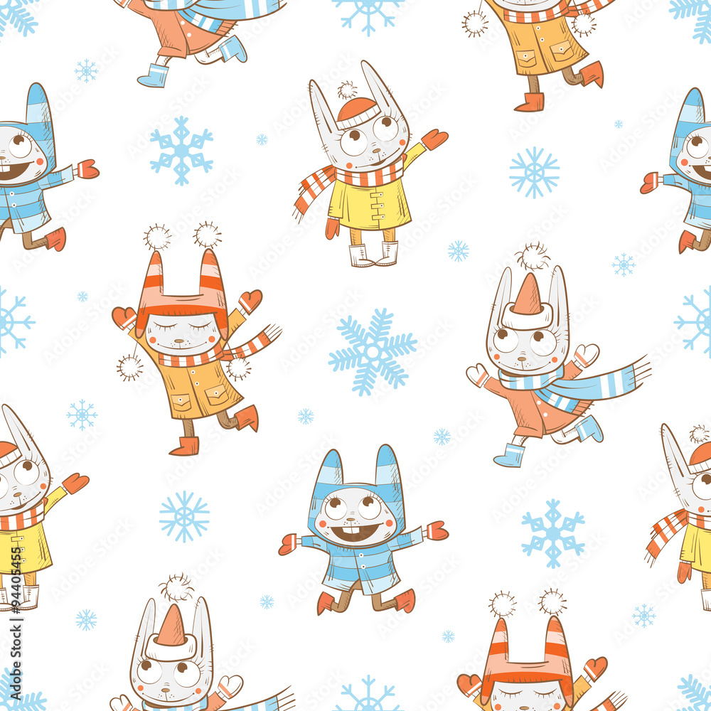 Vector winter seamless pattern with cartoon rabbits  and snowflakes on a white  background.
