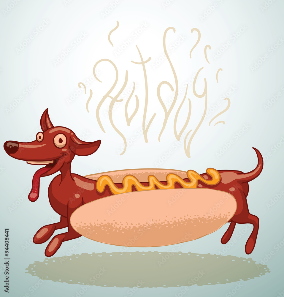 Vector hot dog funny. Abstract image of a cartoon hot dog where sausage