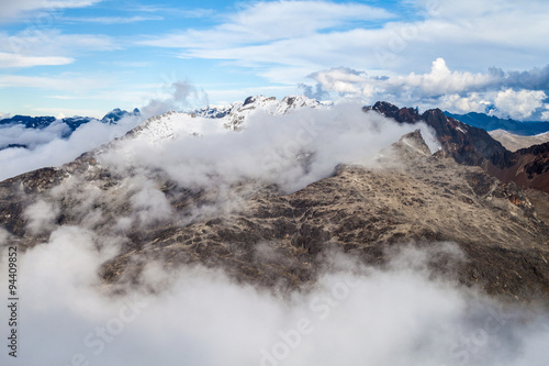 View of Cordillera Real mountain range from high camp of climbers under Huayna Potosi mountain in Bolivia