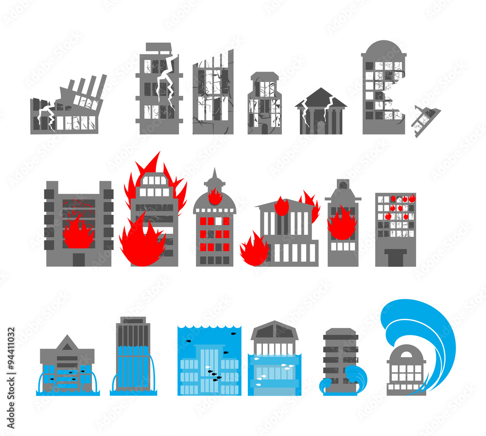 Set building disasters destruction. Flood and fire in public bui Set building disasters destruction. Flood and fire in public bui