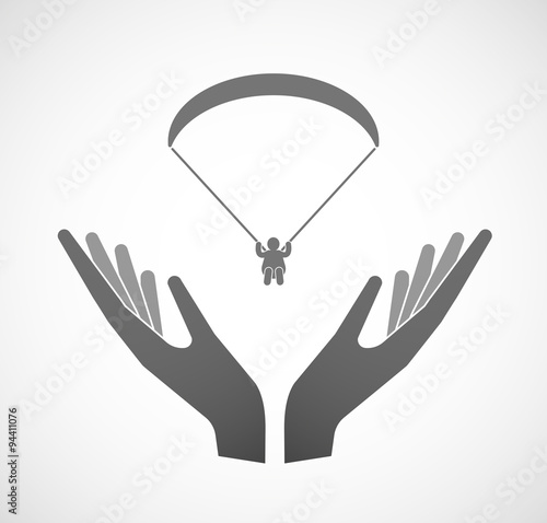 Two hands offering a paraglider