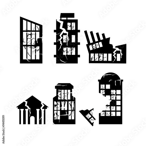 Set of destroyed buildings. Home after earthquake. Skyscrapers a