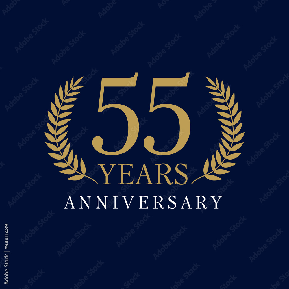 55 anniversary royal logo.  Template logo 55th anniversary with a frame in the form of laurel branches and the number 55 