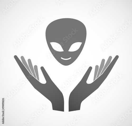 Two hands offering an alien face