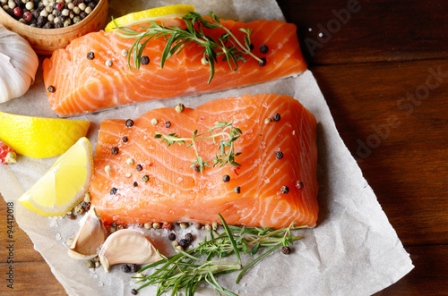 Raw salmon on baking paper