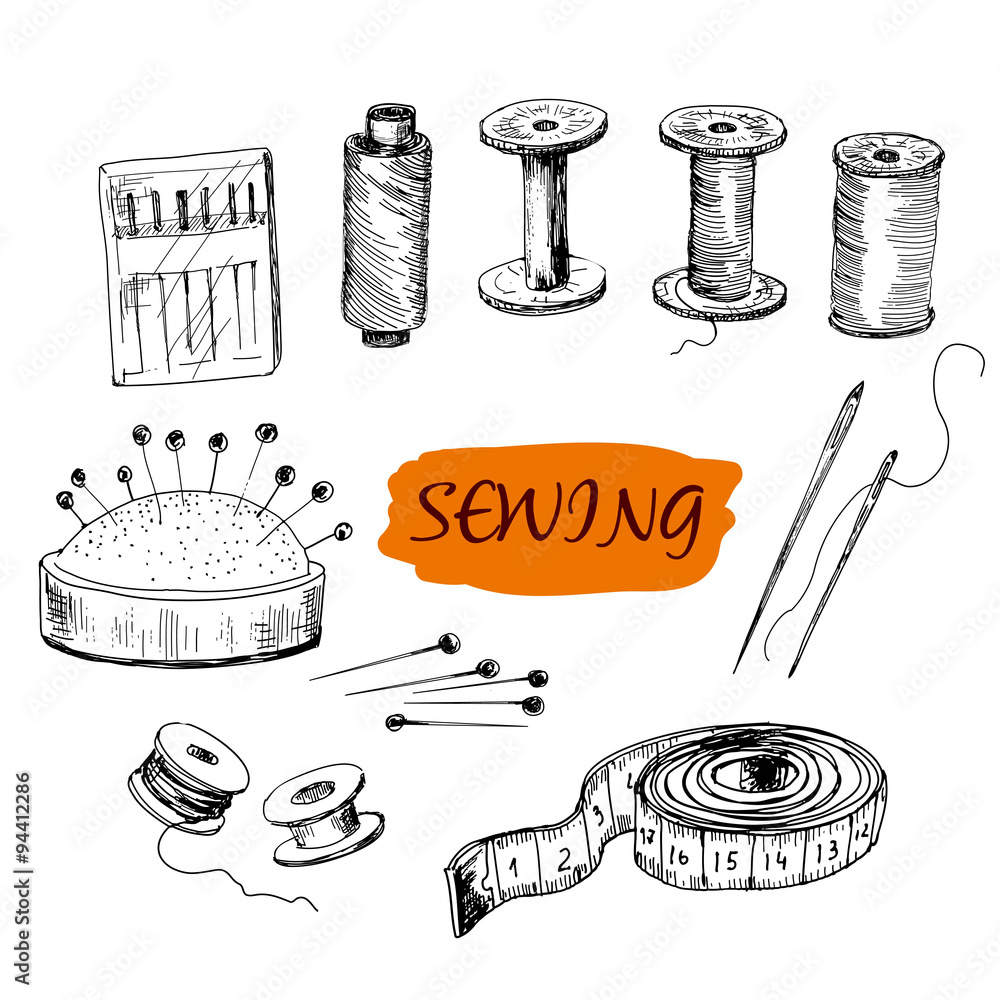 Sewing. Set of illustrations - obrazy, fototapety, plakaty 