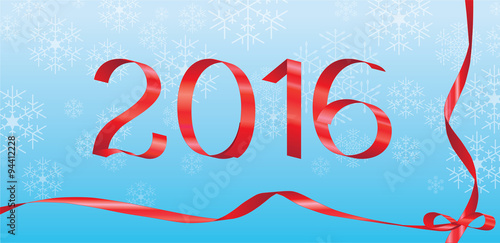 Merry Christmas and Happy New Year 2016 Greeting Card with Ribbon and Bow and Snowflakes