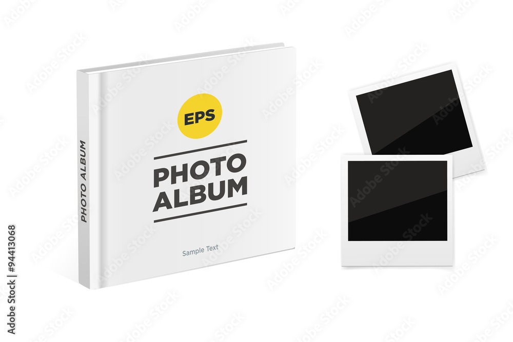 Photo album book with white cover and Vintage photo frames. Vector mockup