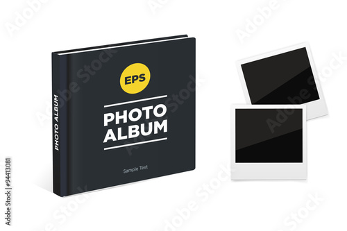 Photo album book with black cover and Vintage photo frames. Vector mockup