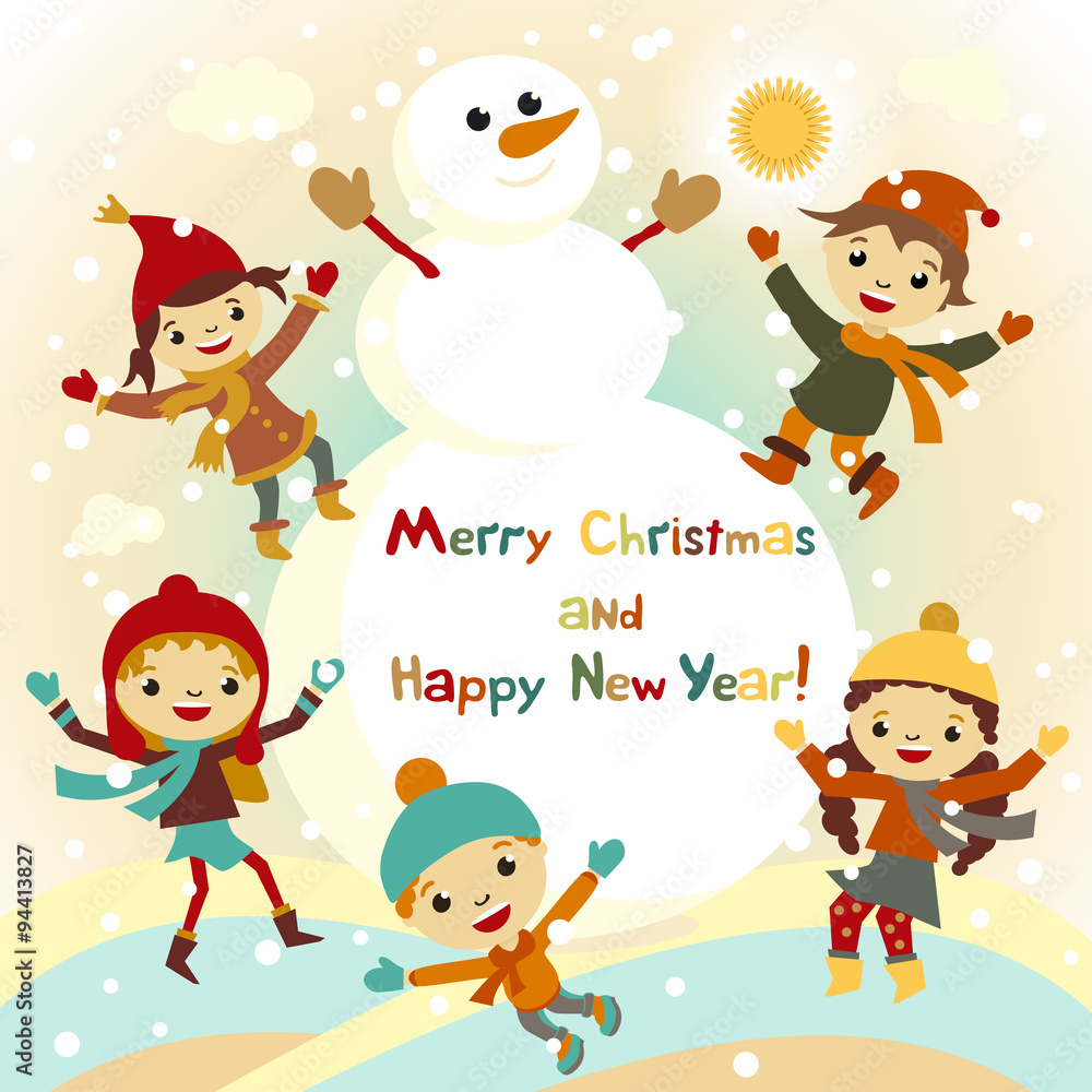 Shiny vector christmas background with funny snowman and children. Happy new year postcard design with boy and girl enjoying the holiday. Winter snow with bokeh effect. 2016 card Shiny vector christmas background with funny snowman and children. Happy new year postcard design with boy and girl enjoying the holiday. Winter snow with bokeh effect. 2016 card