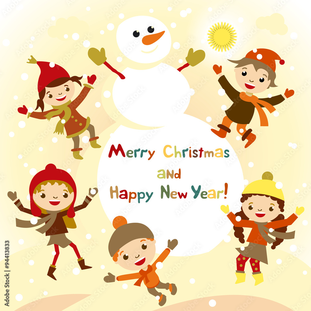 Plakat Shiny vector christmas background with funny snowman and children. Happy new year postcard design with boy and girl enjoying the holiday. Winter snow with bokeh effect. 2016 card