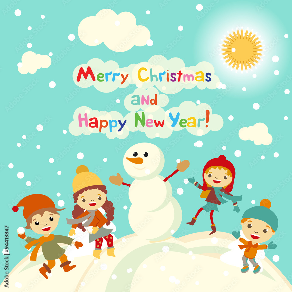 Shiny vector christmas background with funny snowman and children. Happy new year postcard design with boy and girl enjoying the holiday. Winter snow with bokeh effect. 2016 card