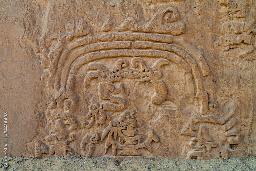 Detail of a rainbow decoration at archeological site Huaca Arco Iris (Rainbow Temple) in Trujillo, Peru