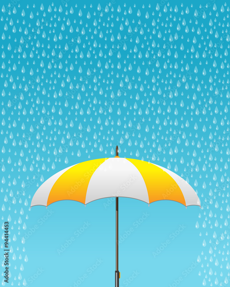 Vector illustration of striped opened umbrella icon with heavy fall rain in the blue sky. Care and weather protection