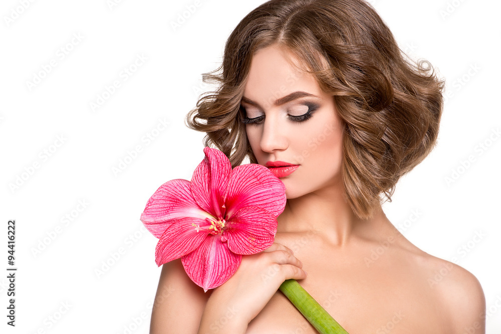 Beautiful sensuality woman with fresh skin of face and flower - white background
