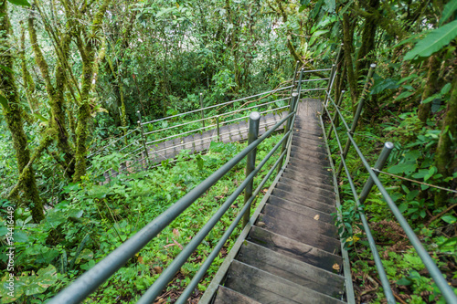 Stairs on a hiking trail to Machay waterfall near Banos, Ecuador