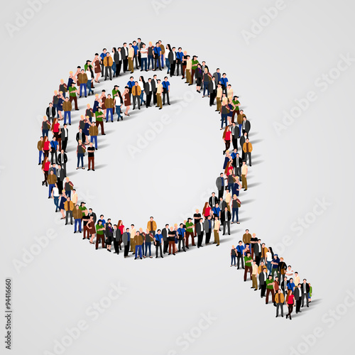 Large group of people in the magnifying glass shape. Vector
