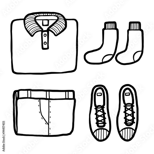 collection of clothes icons / cartoon vector and illustration, black and white, hand drawn, sketch style, isolated on white background.