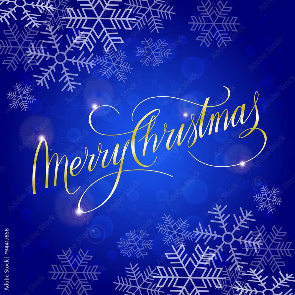 Merry Christmas Card. Vector Illustration. Golden Hand Lettered Text with Snow Symbols on a blue Background.